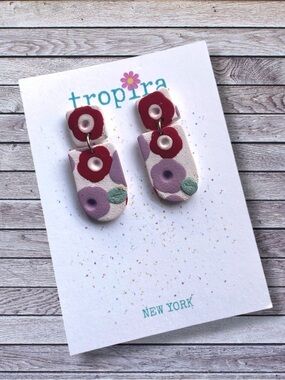 Floral Colorful Abstract Dangle Polymer Clay Earrings - White, Purple, Red, Mint